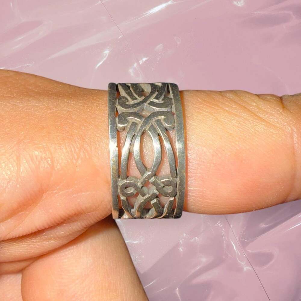 Vintage Y2K Boho Goth Filigree Thick Band Ring 925 Sterling Silver Size 8